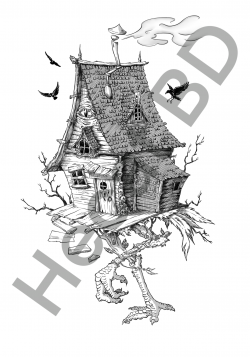 Illustration maison de baba yaga, noir et blanc